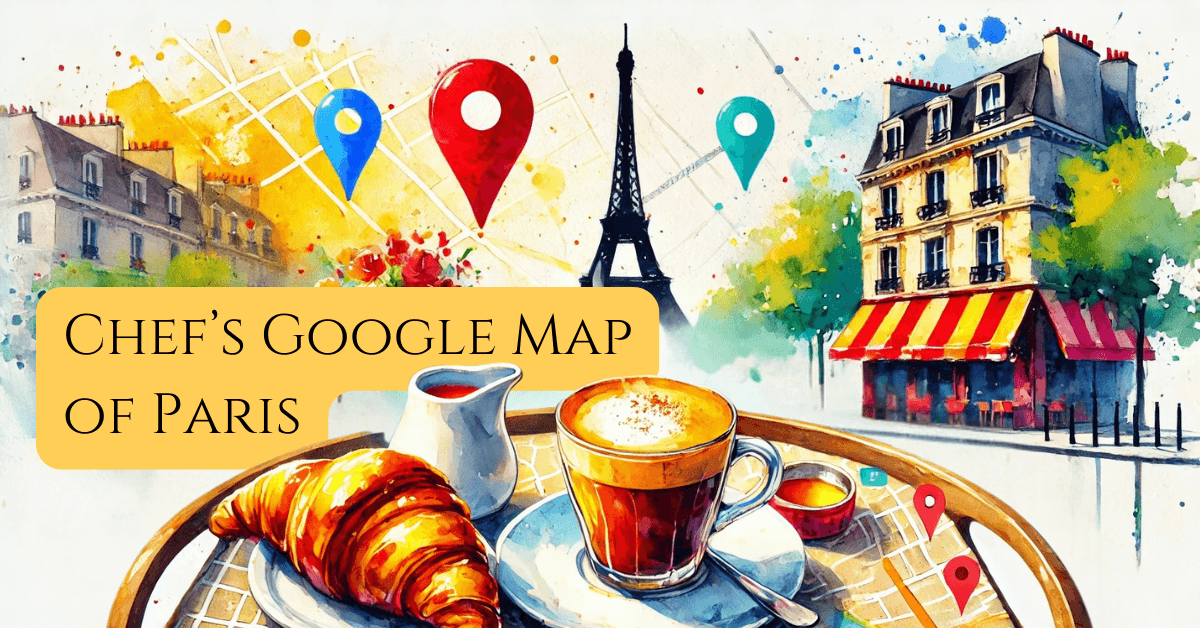 Paris Google Map: Where to Eat, Sip & Wander Like a Local 1 Minimalist watercolor illustration of a Parisian café table with a croissant, espresso, and baguette on a white background. A subtle Paris Google Map overlay with location pins hints at hidden foodie gems, with a softly sketched Eiffel Tower in the background. Vibrant colors and a clean, elegant style make it perfect for a Paris food blog.