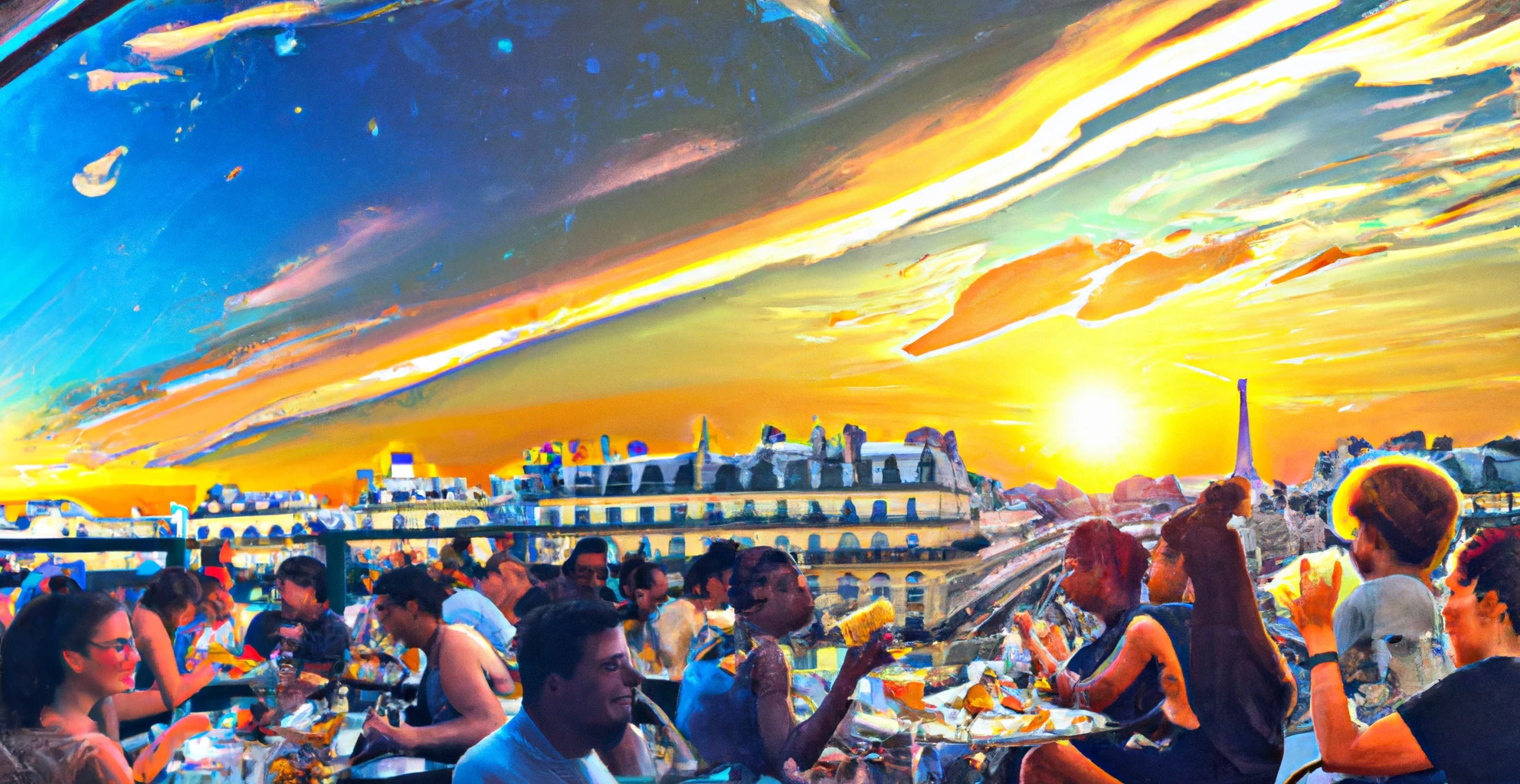 AI generate Digital Art of the skyline of Paris at sunset with people vloging in the foreground people eating food at restaurant terraces and street cafes