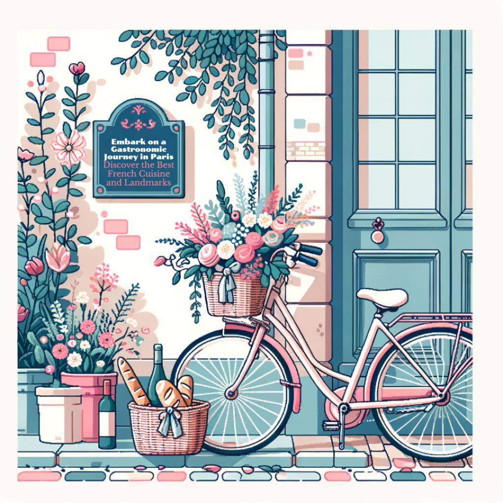 A ai drawing of a bycicle in Paris with a sign saying embark on a gastronomic journey in Paris and discover the best french cuisine and landmarks

