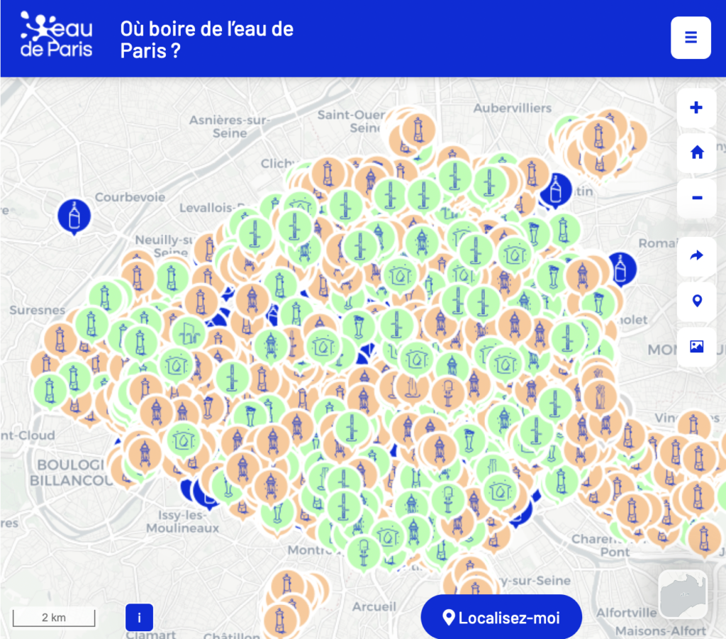 a map of all 1200 of the drinking water fountains in paris found at https://fontaine.eaudeparis.fr/