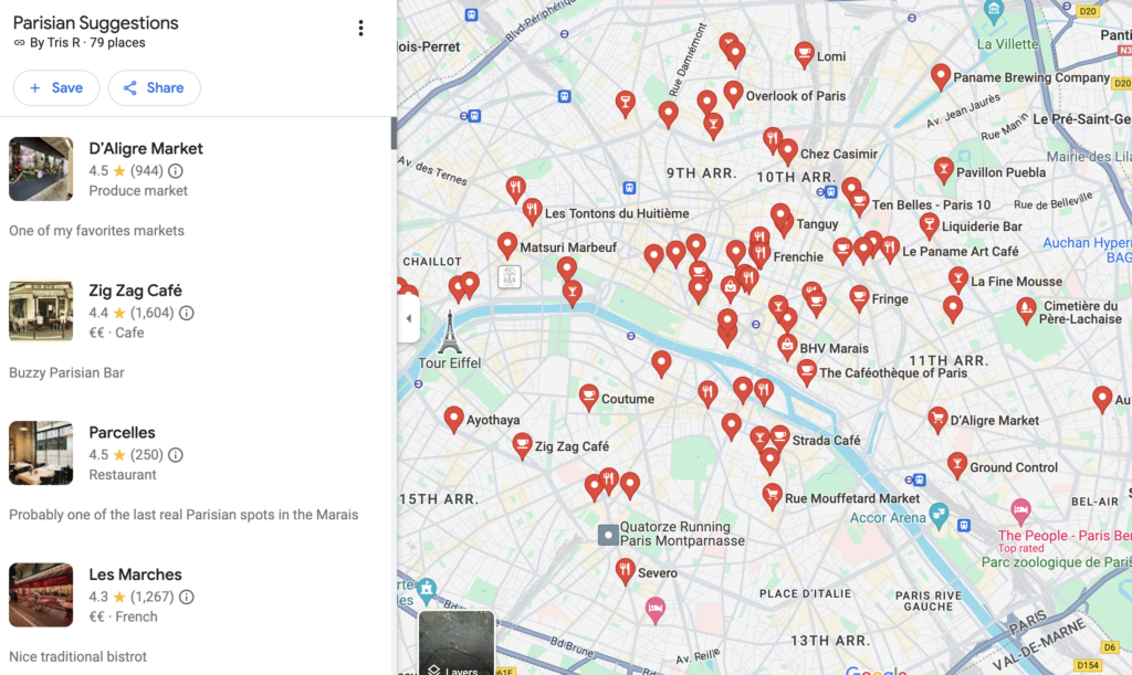 A google maps including all the places in a locals guide to the best things to do in paris 