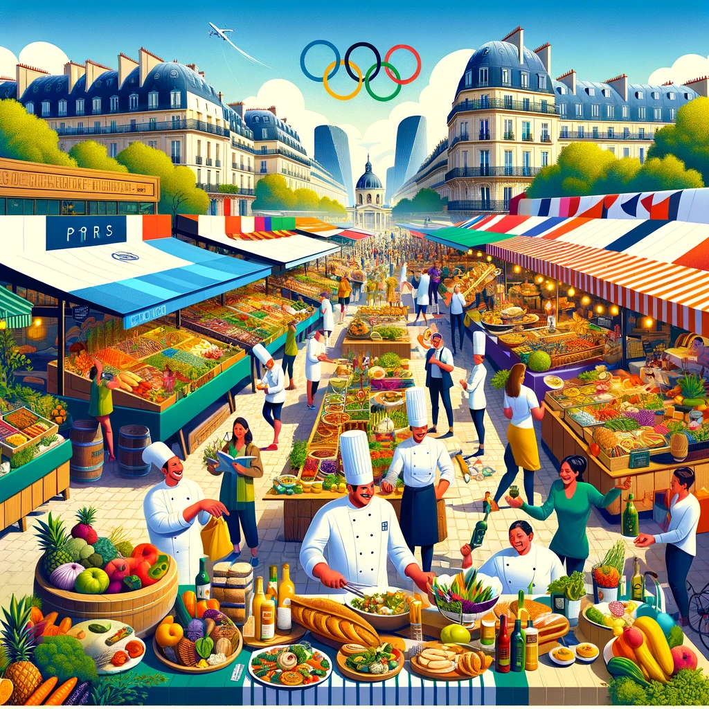 An AI Generated Image of a peacful french market full of chefs cooking for the paris olympics, with paris in the background and the olympi rings in the sky.