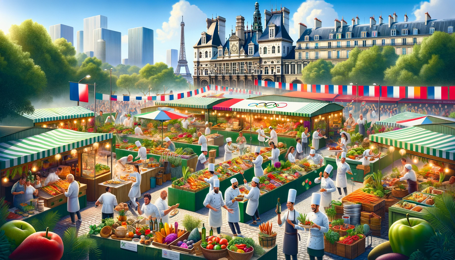 A AI image created by Dall-E representing the bustling vibrant parisian markets filled with chefs preparing for the paris olympics