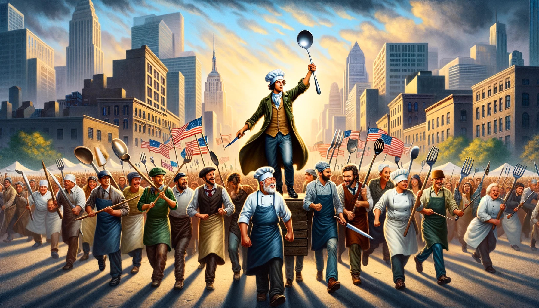 image inspired by "Liberty Leading the People," reimagined for the culinary revolution in the food tour industry, has been created. This visual captures the spirit of unity and the fight for authenticity in culinary experiences, portraying a dynamic group of chefs, artisans, and guides marching towards a future of genuine gastronomic adventures.