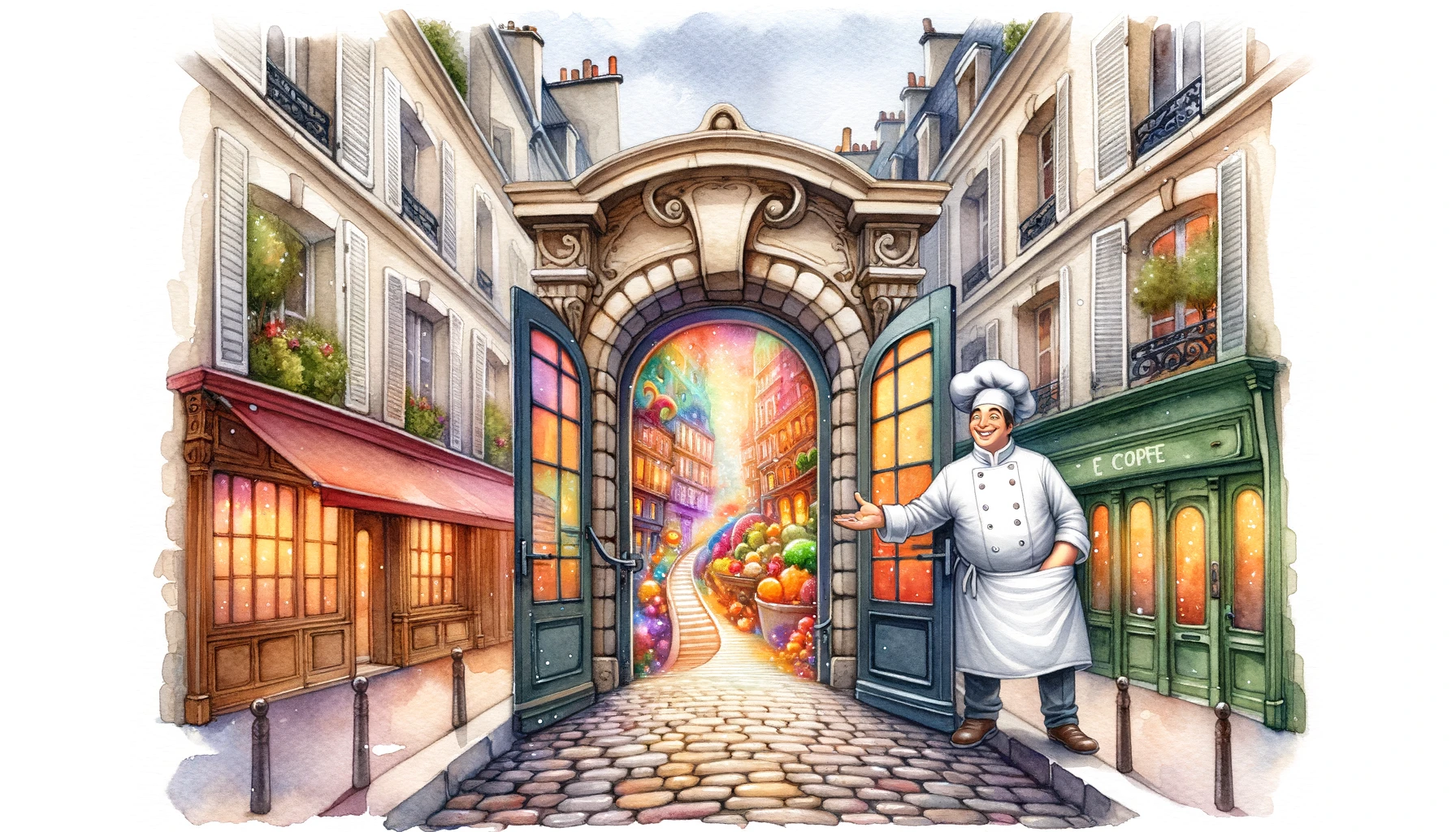 How to eat on a budget in Paris. The watercolor illustration of a cobbled Parisian street leading to a huge door, which opens onto a gastronomic adventure, has been created. A large, cheerful chef stands by the door, inviting viewers into a world of culinary delights. This scene captures the charming essence of Paris and the vibrant experiences awaiting those who venture through the door.