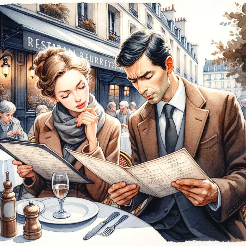 The Parisians take it very seriously the question how to eat for cheap in paris. here is a watercolor illustration of a serious Parisian couple looking at a restaurant's menu 