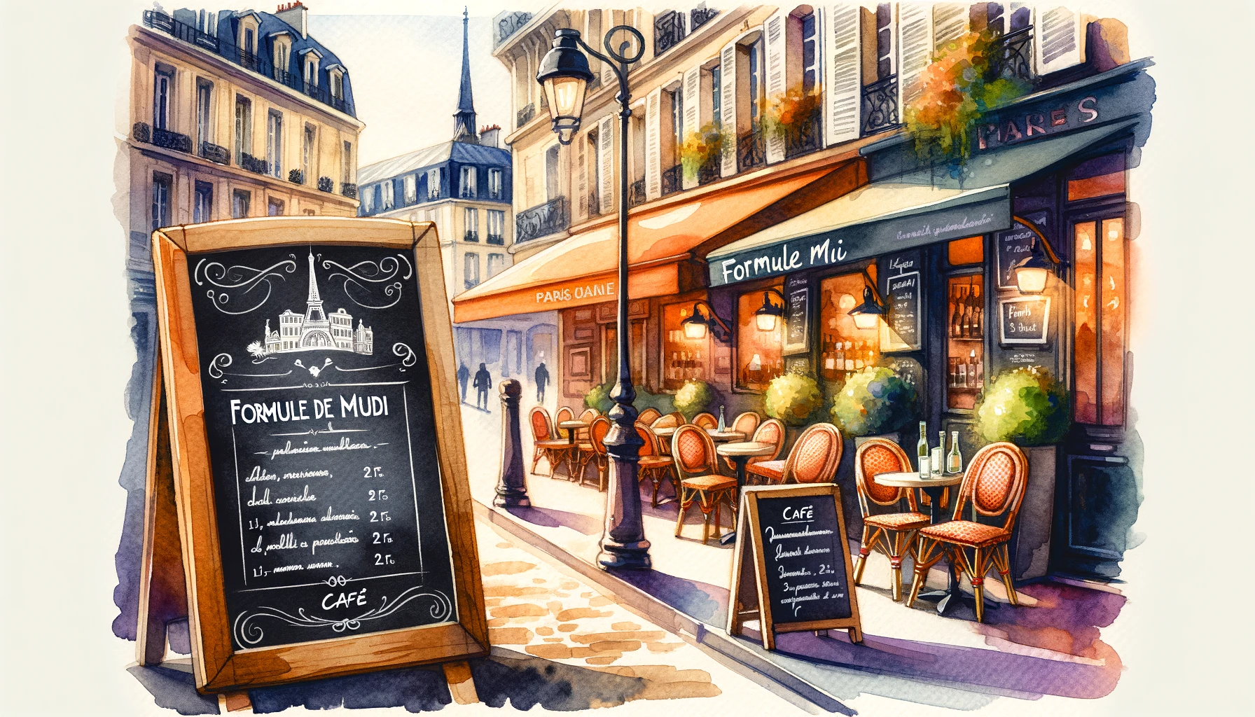 DALL·E 2024 03 13 23.10.18 Create an illustration in watercolor style depicting a chalkboard menu with Formule de Midi written on it positioned outside a quaint Parisian cafe Eat Like The French! March 13, 2024