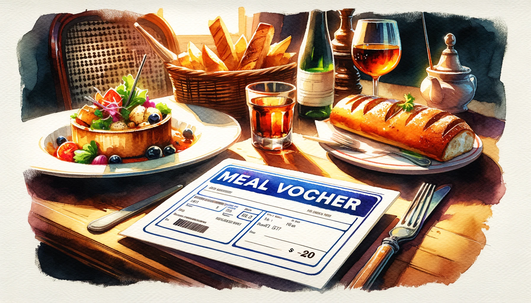 How to eat in Paris on a budget -watercolor image capturing a meal voucher next to a plate of gourmet food on a traditional French restaurant table. 