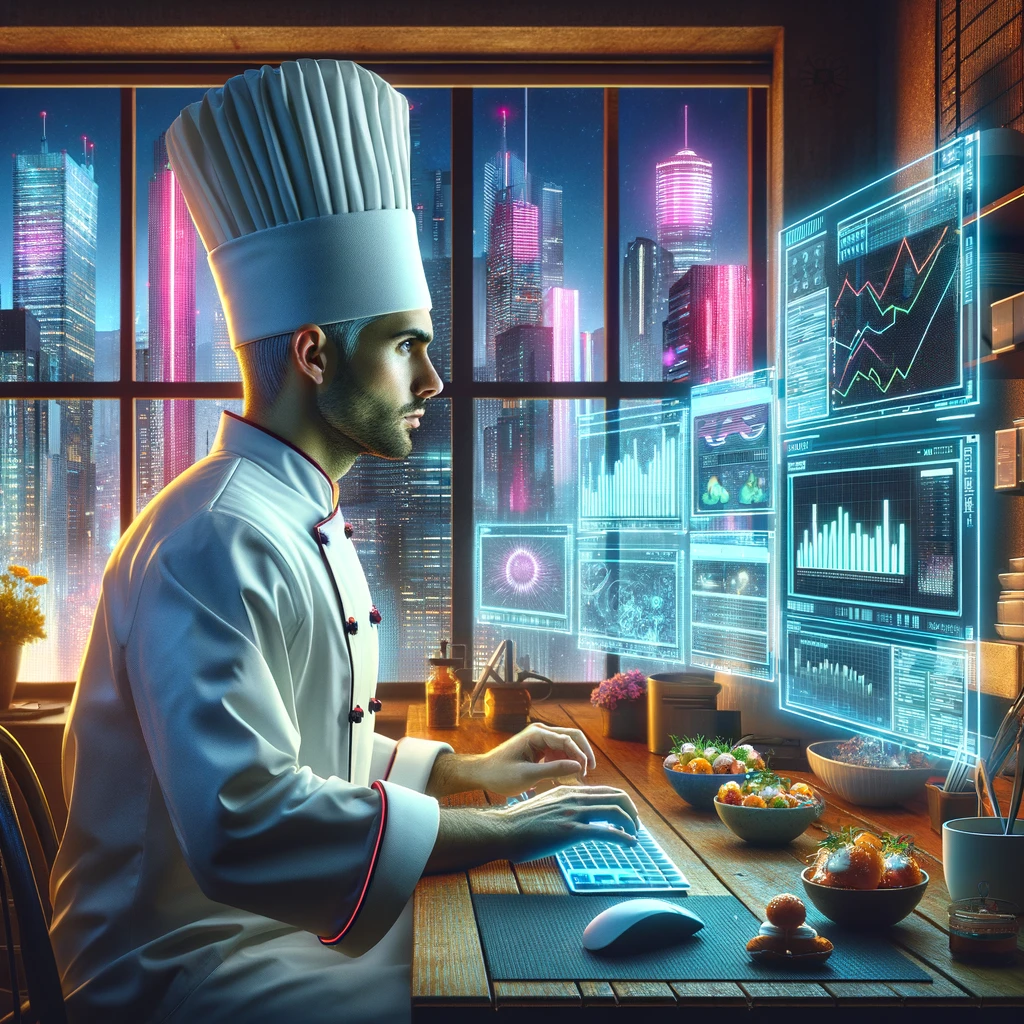 Digital Art of a chef using our Open Sourcing Media Analysis tool for inspiration and understanding 