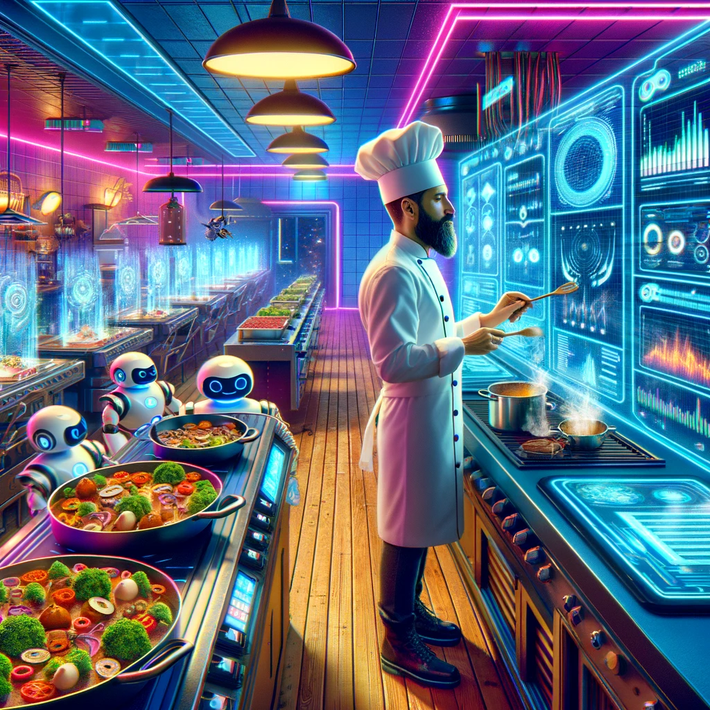 Digital Art of a A chef using art and data in the future to create the best guest experience