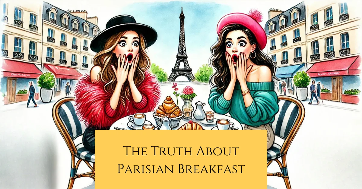 an illustration of two shocked ladies in Paris with the title the truth about breakfast in Paris