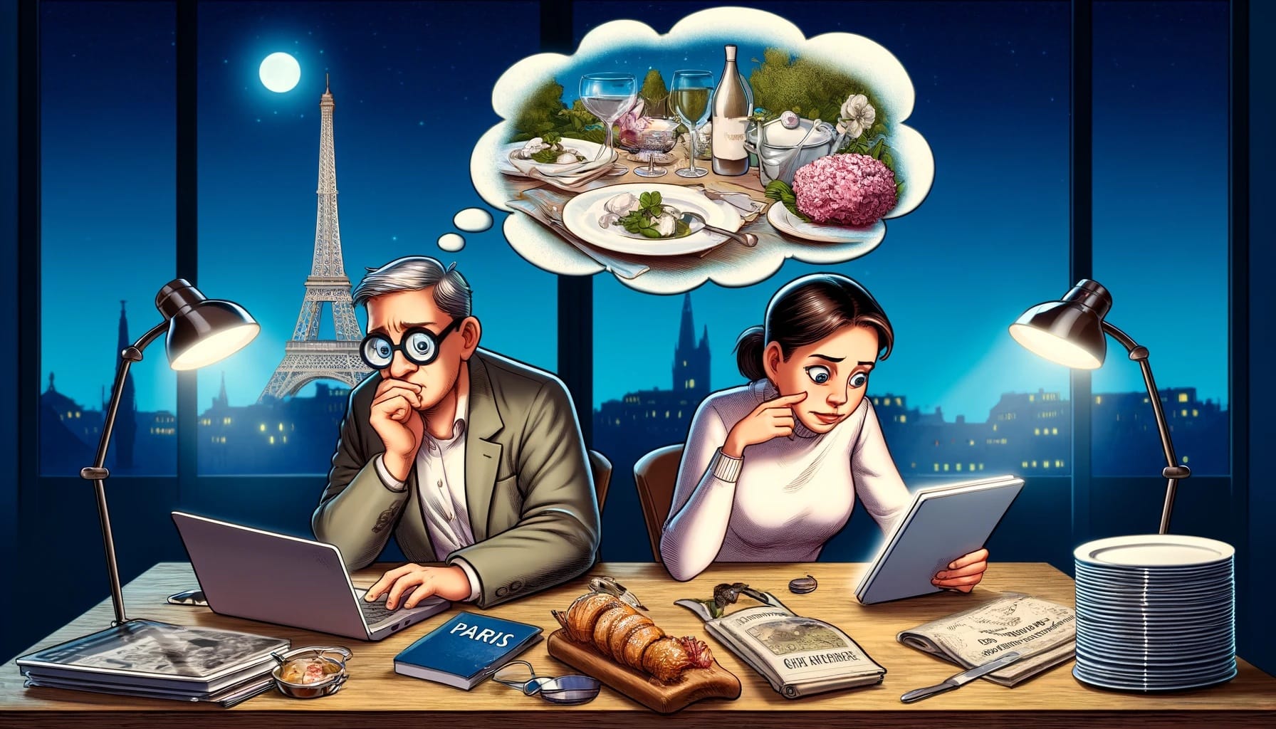 Exhausted couple planning Paris trip late at night with Paris travel guides scattered around, woman dreaming of a luxurious gourmet dinner with Eiffel Tower view, illustrating travel research and aspirations. Looking at how to choose the right food tour