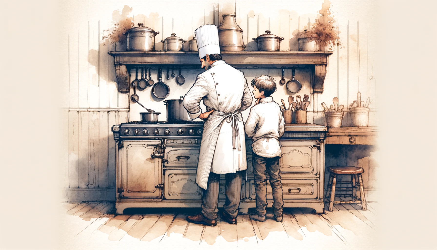 Chef whispering culinary secrets to a child in a rustic French kitchen, depicted in a sophisticated watercolor sketch, highlighting an intimate cooking lesson.
