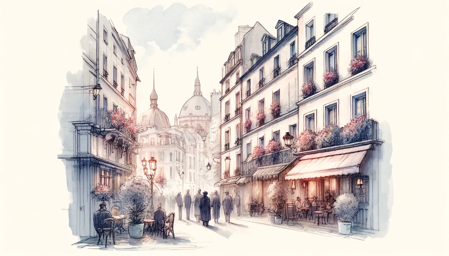 Charming French street scene with pedestrians and outdoor café dining, captured in a watercolor sketch for 'Eat Like a Local in France' article.