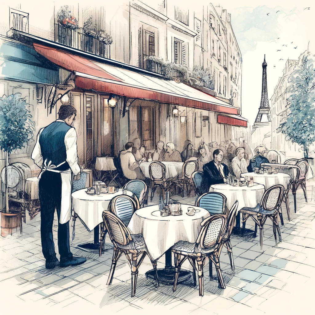 Watercolor sketch of a bustling French café scene with patrons dining outdoors, evoking the charm of eating like a local in France.