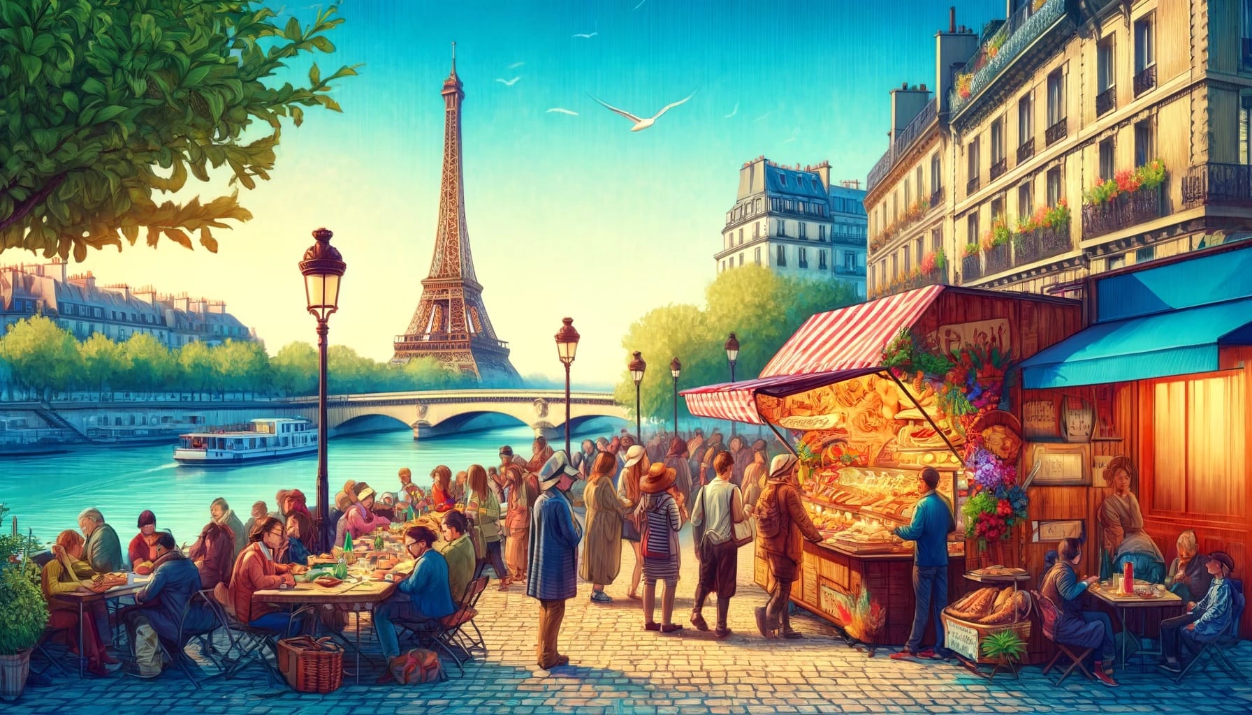 Vibrant street food market scene in Paris with a diverse group enjoying local culinary delights, set against the backdrop of the iconic Eiffel Tower, perfect for promoting Paris food tours.