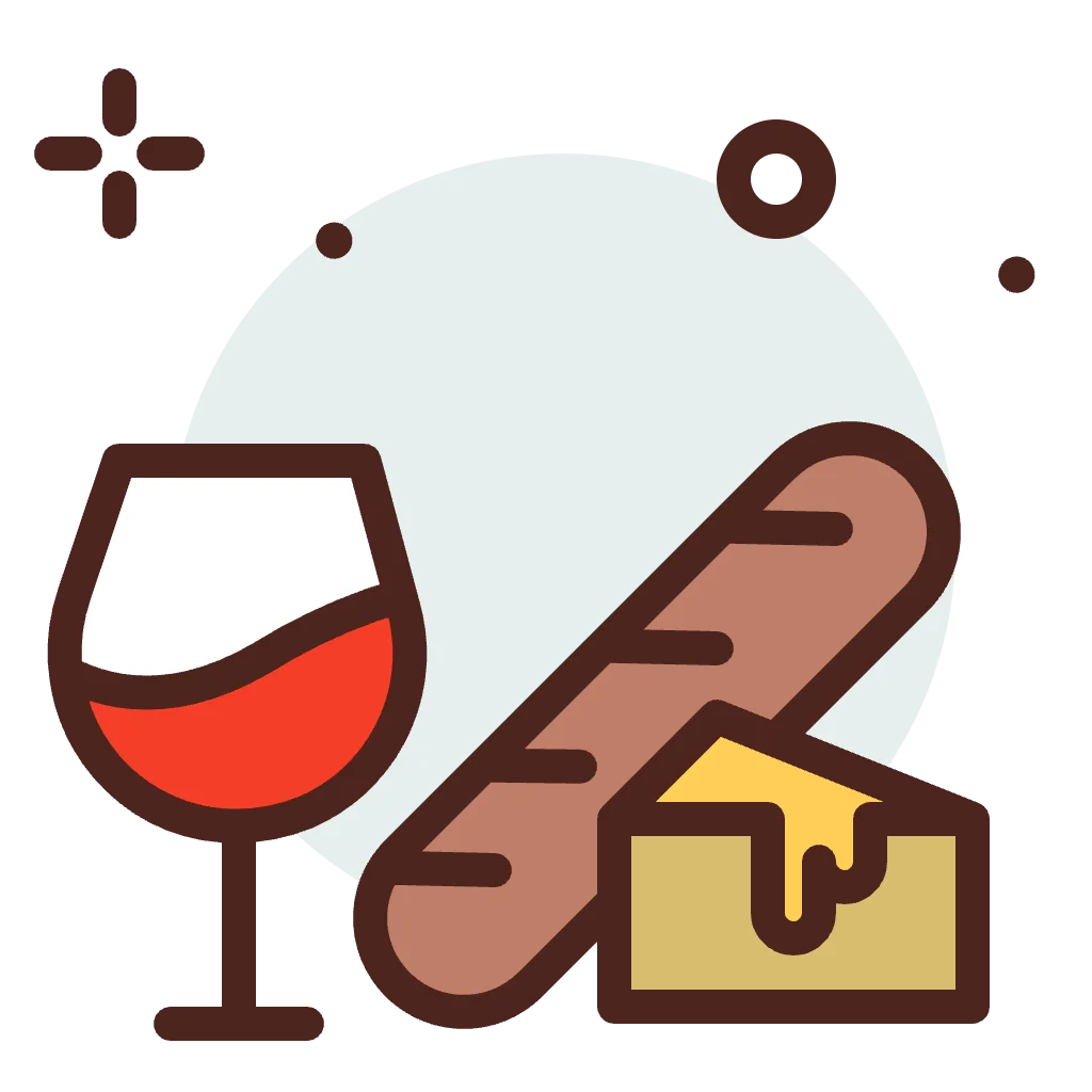 an icon image of a glass of wine accompanied with glass of wine and french bread