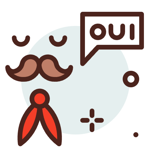 an icon image of a stylised french person with moustache saying oui (yes)