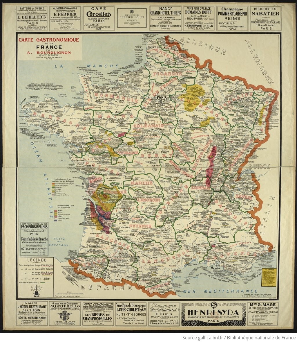 Carte_gastronomique_de_la_France_.Bourguignon_Alain_btv1b52504043q_1 A wonderful map of French food by region, made in 1929 by Chef Alain Bourguignon. Source BNF