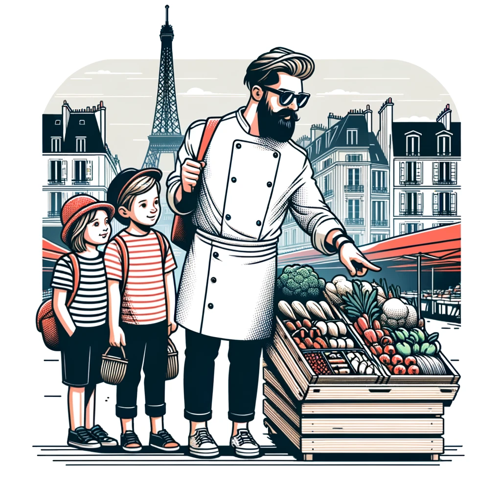 illustration of a chef leading a tour of a french market with two children with the eiffel tower in the background