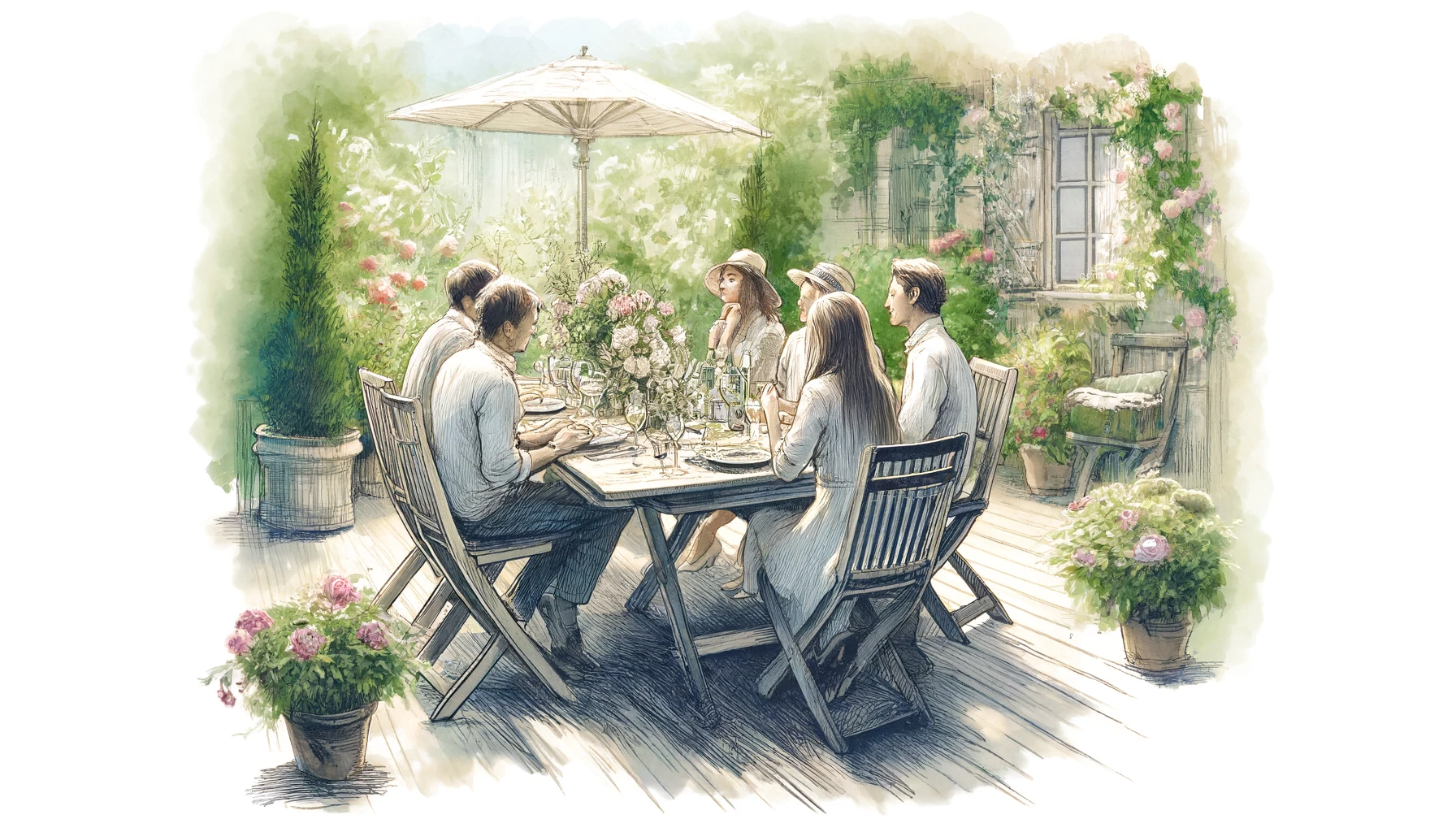 "Tranquil watercolor sketch of a small group dining outdoors in a French garden, emphasizing leisurely meals and engaging conversations, reflecting the philosophical approach to meals in French dining culture."