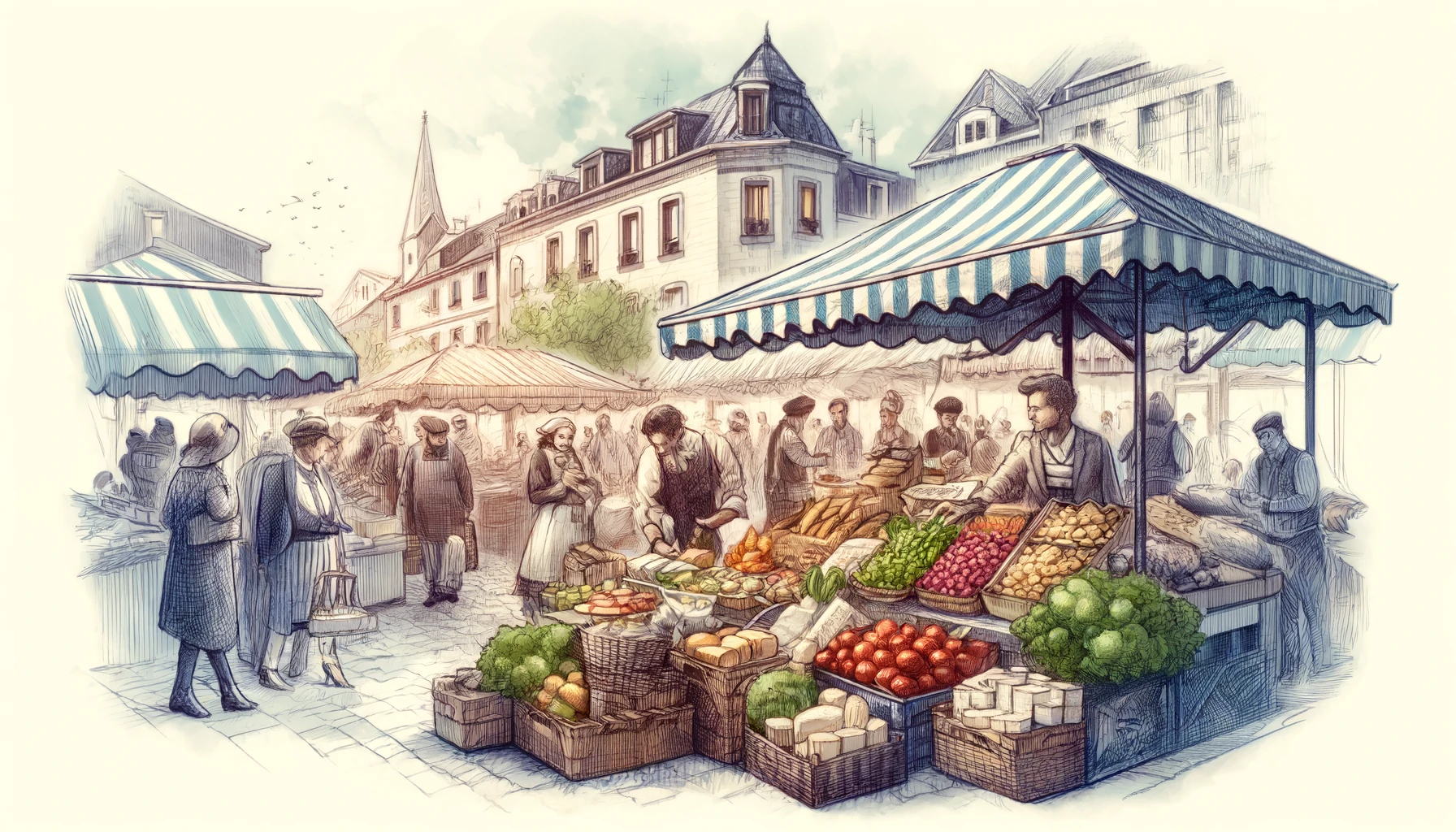 Vibrant sketch of a bustling French market scene with vendors and shoppers interacting over fresh produce, seafood, and cheeses, capturing the communal enjoyment and regional nuances of French culinary traditions.