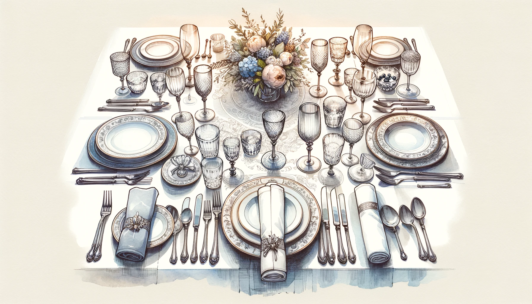 Detailed illustration of a beautifully set table before a French meal, showcasing fine china and crystal glassware arranged for multiple courses, embodying the structured meal timing in French dining etiquette.