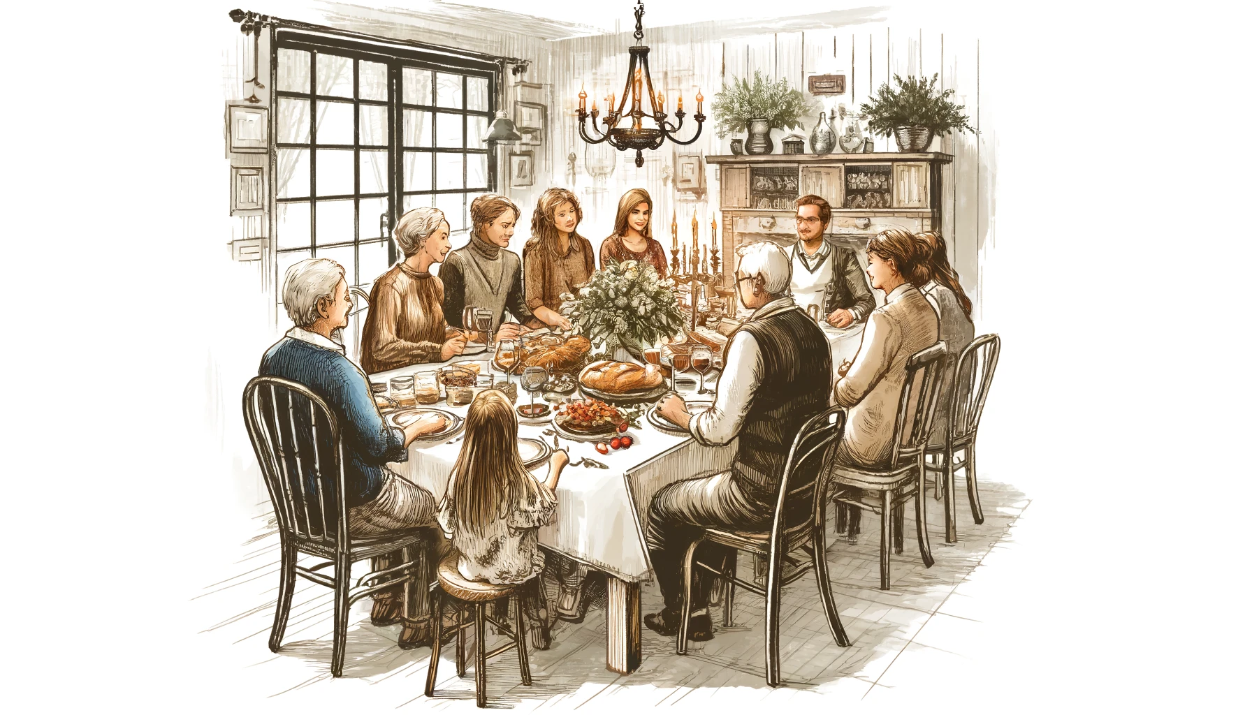 Sophisticated sketch of a traditional French family dinner, depicting multiple generations gathered around a rustic table, enjoying a meal in a warmly inviting setting, highlighting French dining culture.