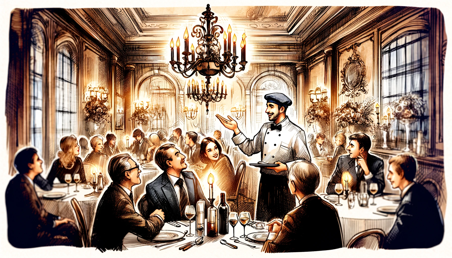 Captivating sketch of an elegant French dinner party in a dimly lit Parisian restaurant, featuring animated guests and a welcoming chef, designed in sophisticated watercolor tones with vintage chandeliers and floral arrangements, perfect for enhancing articles on French dining culture.