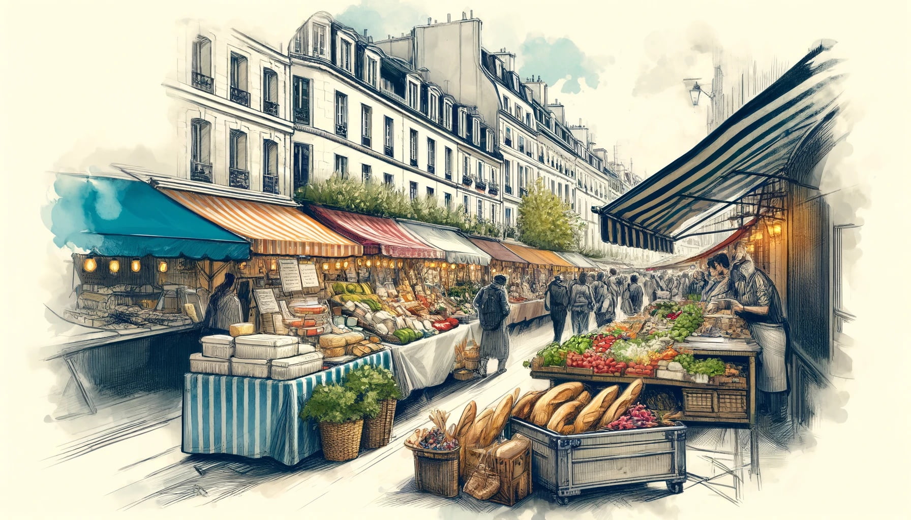 a-paris-market-street-scene an illustration of a french market scene as highlighted by many food blogs