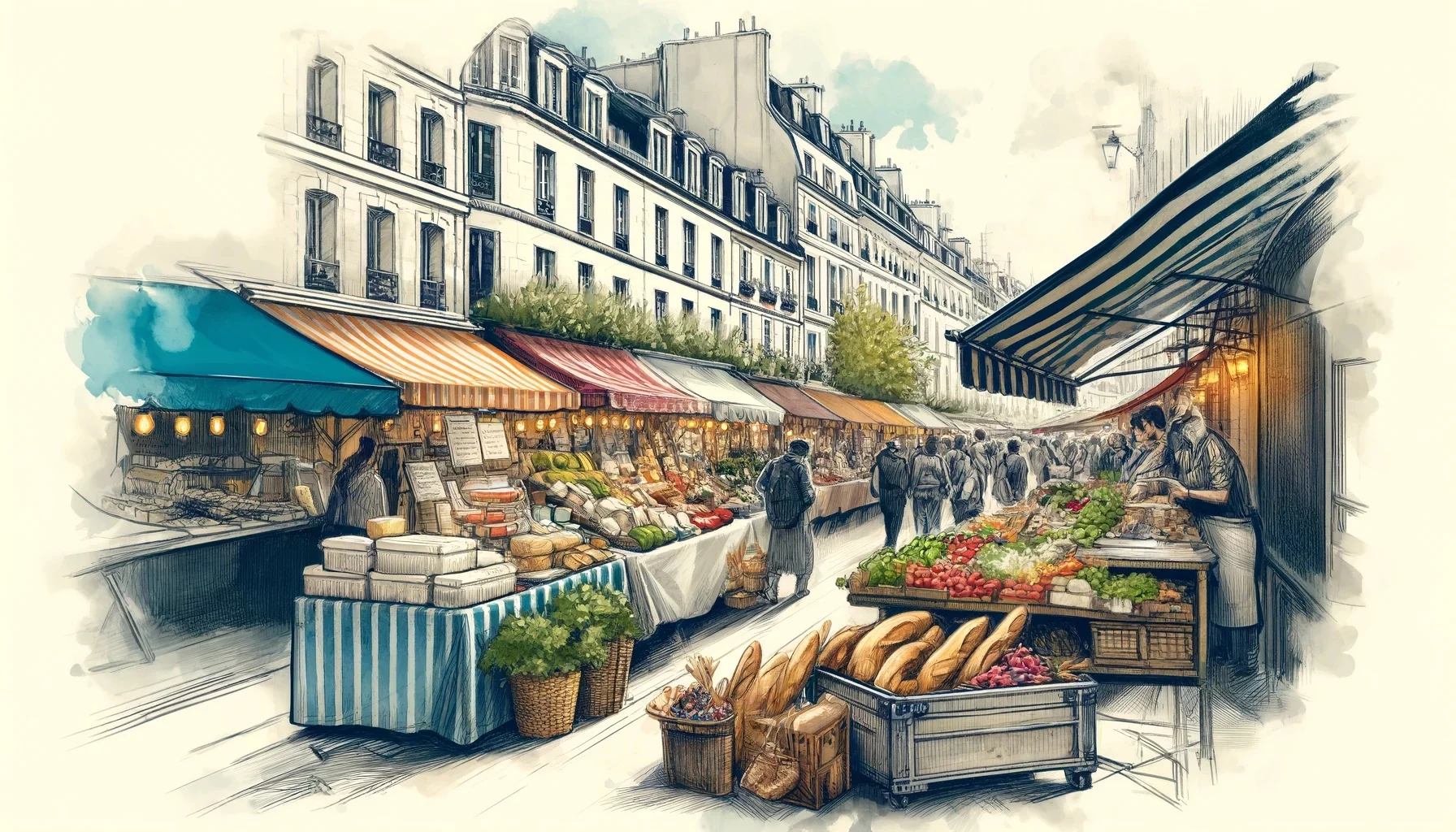 a-paris-market-street-scene an illustration of a french market scene as highlighted by many food blogs
