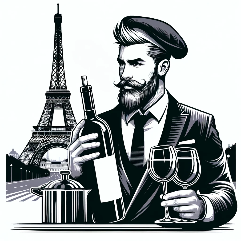 an image of a chic chef holiding an apero of wine in front of the eiffel tower