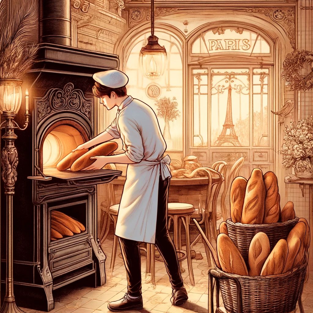 an illustration of a french traditonal bakery baking traditional french bread in paris with the eiffel tower in the background and piles of french bread