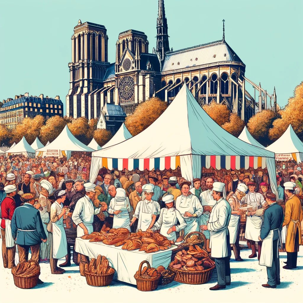 An illustration by AI showing crowds in front of the notre damme under tents. But this is not the case, this is just ai dreaming things up, the real fete du pain and experience is explained below