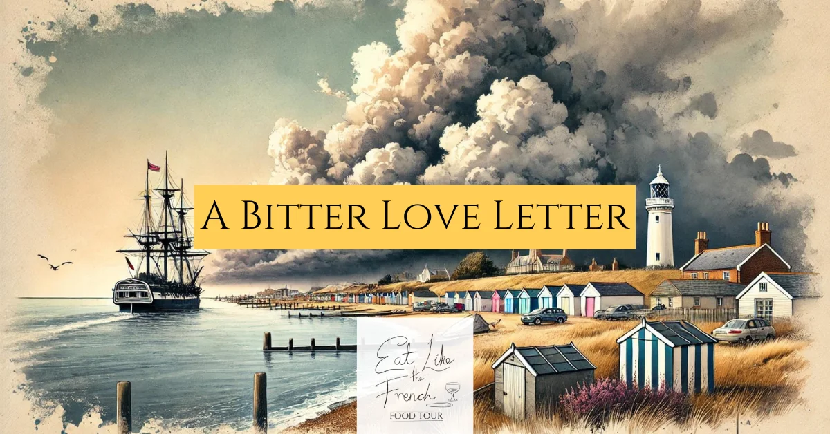 A bitter love to not to adnams brewery, the best craft brewery in the world. An illustration of southwold with storm clouds and a ship in the sea