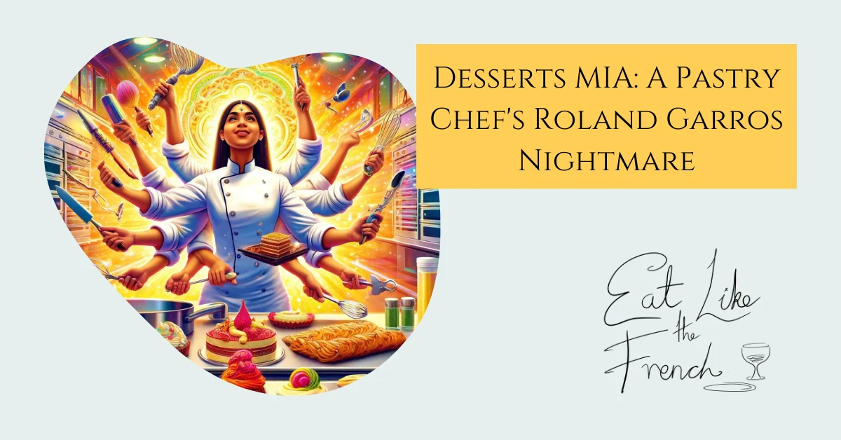A pastry chef in a white uniform experiences a culinary nightmare with missing desserts in a bustling kitchen. She is portraid in this leading image as an indian goddess alongside eat like the french logo and the text desserts Mia A Pastry Chef's Roland Garros Nightmare