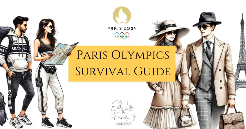 An Illustration of two tourists visiting paris and two parisians with the eiffel twer. The Text Parisi Olympics Survival Guide and Paris olympics 2024 logo is overlaid on the illustrations