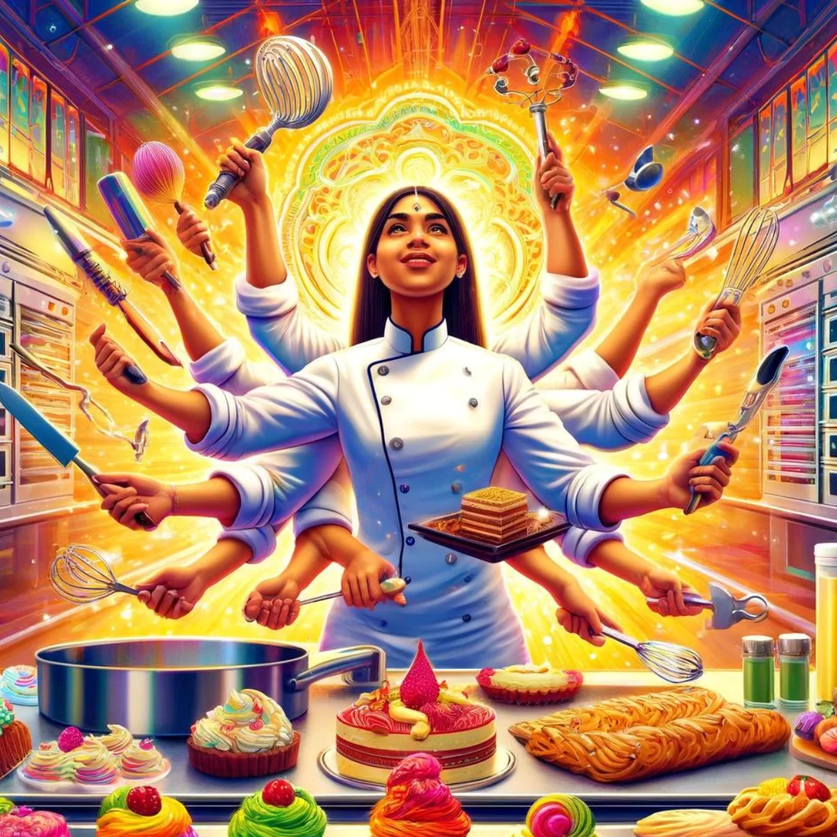  lively and vibrant illustration of a pastry chef with many arms like an indian dias working her magic behind the scenes at rolond garros in a parisian pastry kitchen