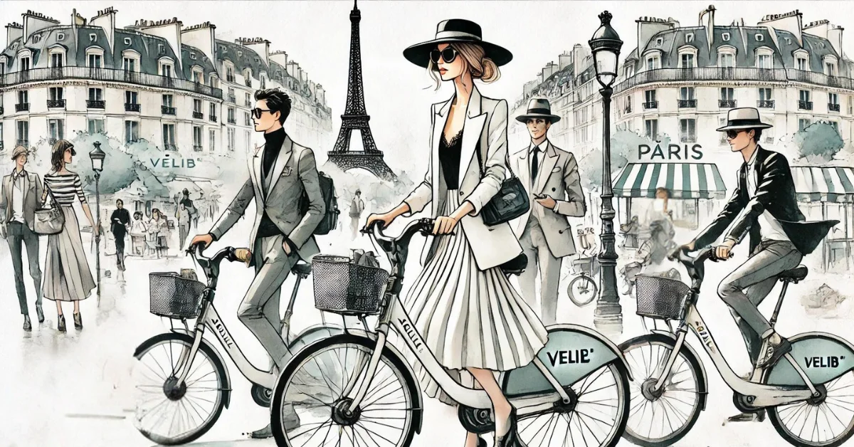 an illustration of chic Parisians surviving the Paris olympics by using the velib - a collective bike sharing service in paris