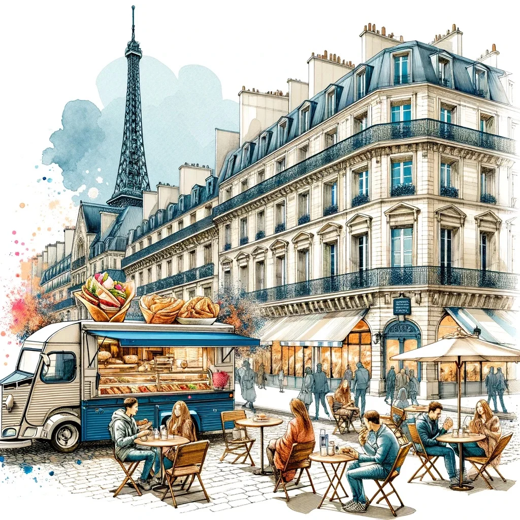 street food truck paris An illustration of a Parisian street food scene featuring a food truck and people enjoying gourmet sandwiches and crêpes.