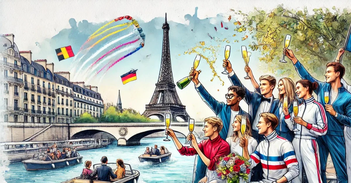 1-1 An illustration of athletes celebrating with champagne during the paris olympics with the river siene in the background