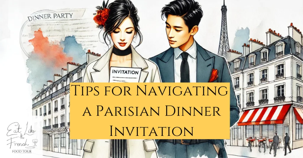 an illustration of a young couple in Paris recieving a parisian dinner invite with text that shows tips for navigating a dinner invitation and has eat like the french logo embedded