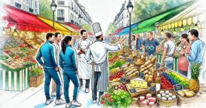a chef in a market showing people what to eat and buy on a food tour in paris