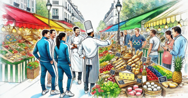 a chef in a market showing people what to eat and buy on a food tour in paris