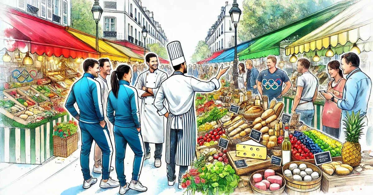 a chef in a market showing people what to eat and buy on a food tour in paris