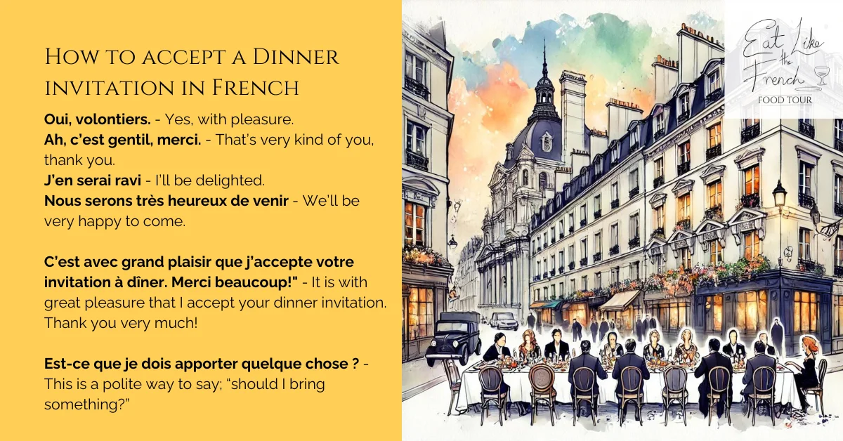 A graphic showing a Parisian Dinner Party along with 6 ways to accept a parisian dinner invite in french and english
