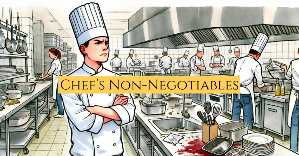 Image of a chef in a kitchen sharing with the text chef's non-negotiables