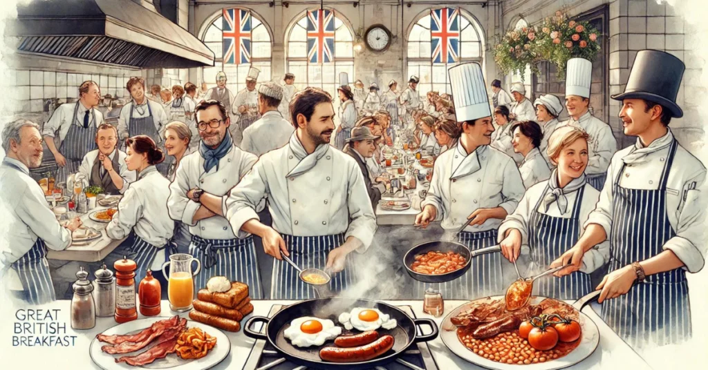 An illustration of tghousands of great british chefs cooking for tourists