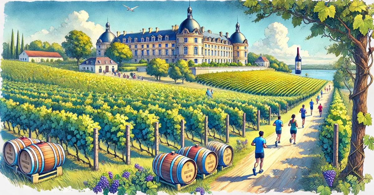 Medoc-Marathon-Atmosphere An illustration of the iconic Château Margaux with runners passing by, capturing the essence of the Médoc Marathon.