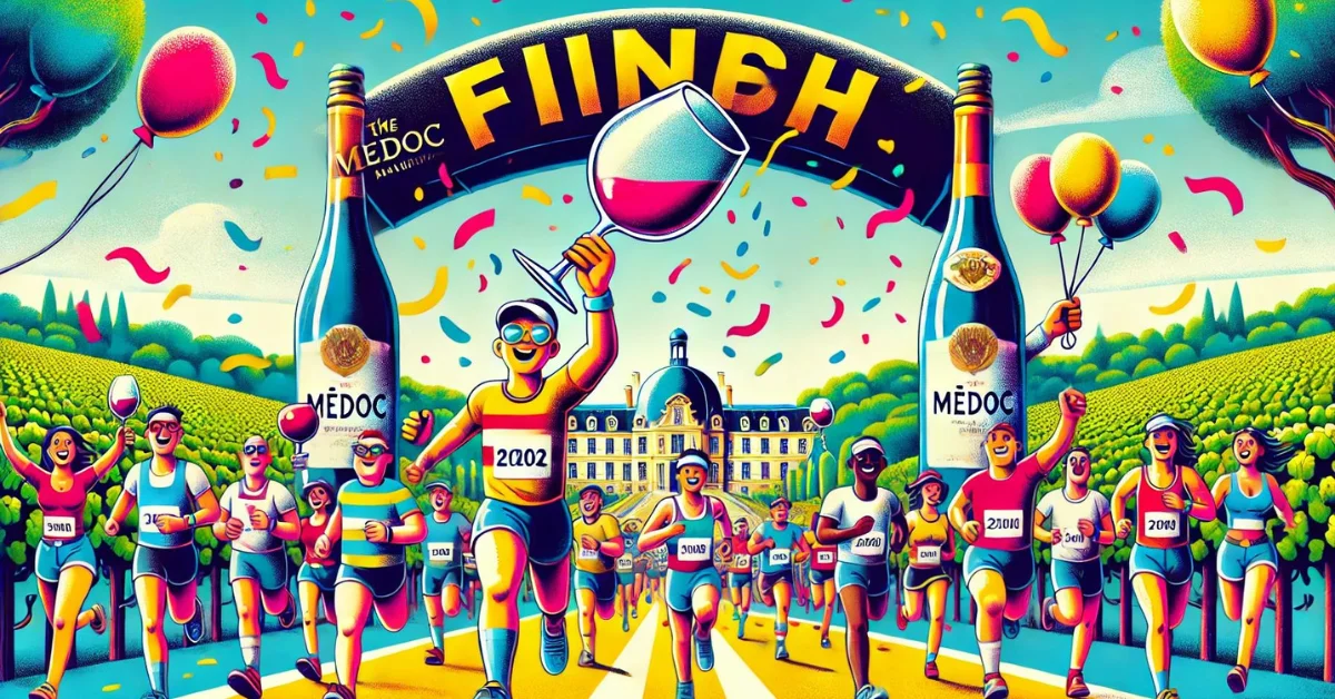 An illustration of the Médoc Marathon finish line, with runners crossing while holding oversized wine glasses, surrounded by confetti, balloons, and a grand château in the background.